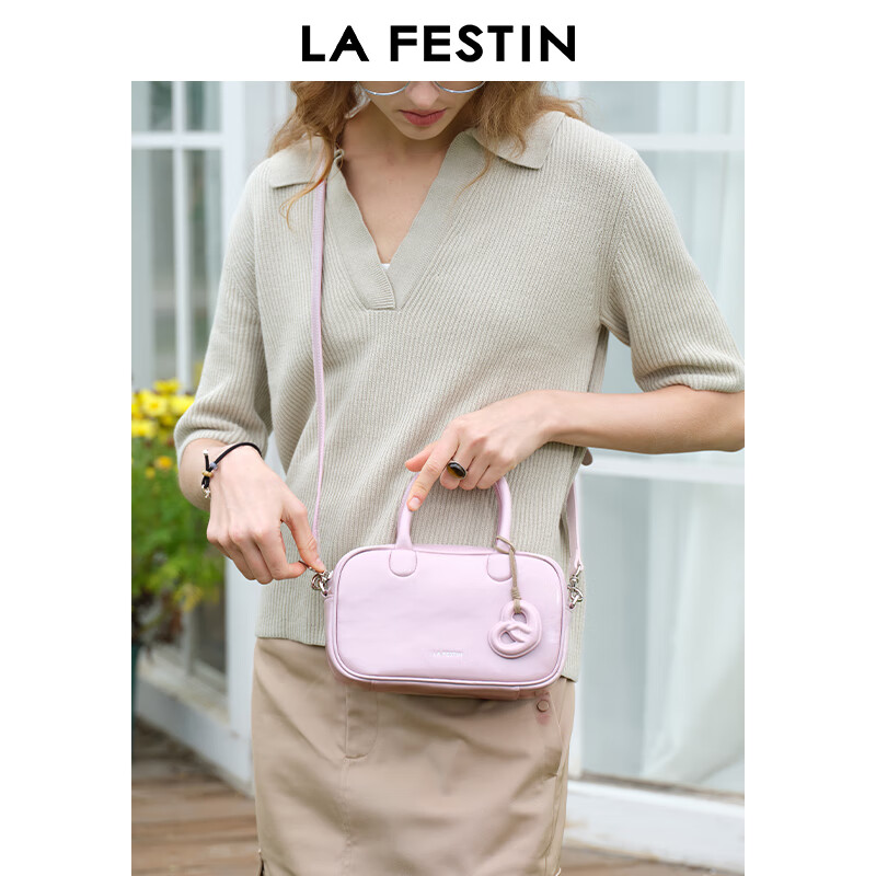 拉菲斯汀（La Festin）头层牛皮小胖墩2026新款红色斜挎女包手提波士顿包七夕情人节礼物 落樱粉 | 头层牛皮