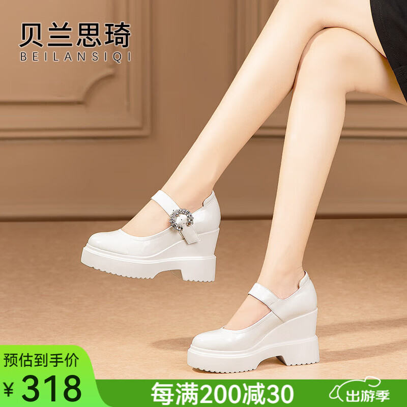 貝蘭思琦牛皮一字帶水鉆淺口厚底坡跟單鞋女2025春秋季防水臺(tái)高跟鞋5715 白色 35