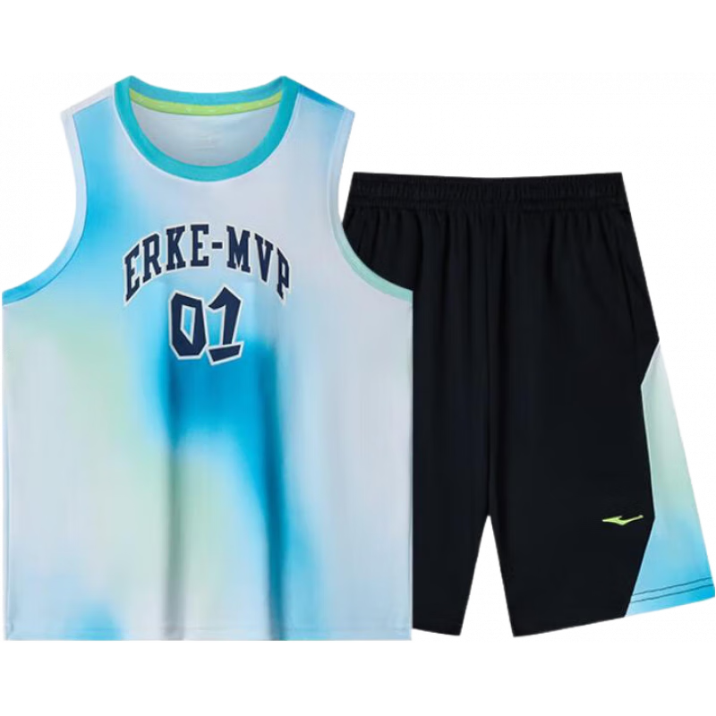 鸿星尔克童装男童套装篮球套装短袖短裤两件套中大童夏季透气球衣 天霁蓝 150