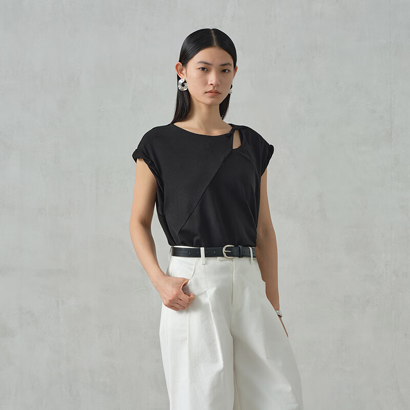 阿依莲【商场同款】气质针织衫无袖女夏季2025新款薄款洋气镂空显瘦上衣 黑色 S