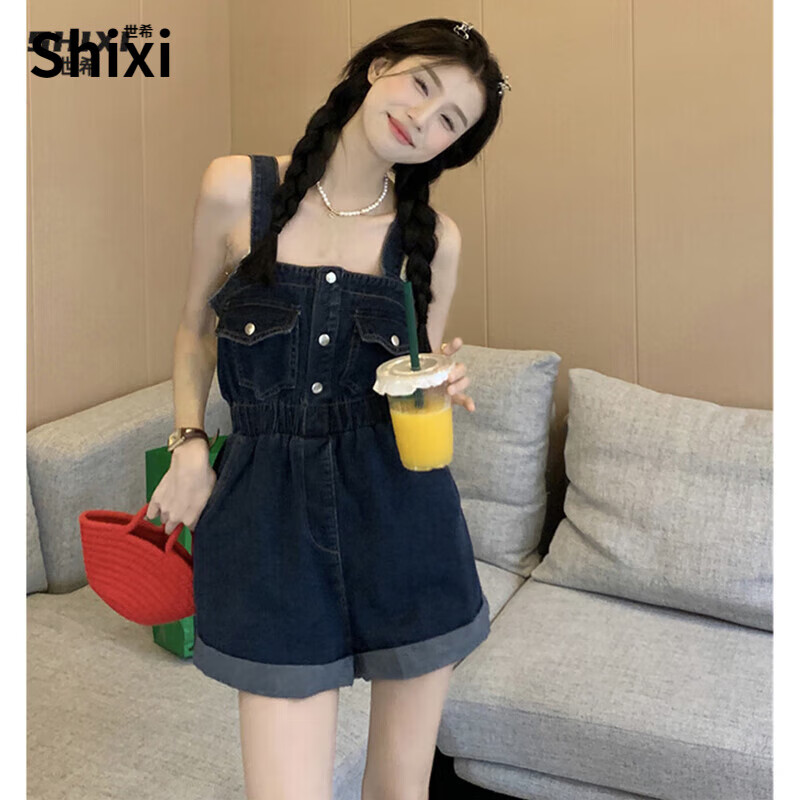 世希大碼胖mm高腰復古工裝背帶牛仔短褲女夏季寬松顯瘦卷邊直筒闊腿褲 藍灰色 3XL [建議150-165斤]