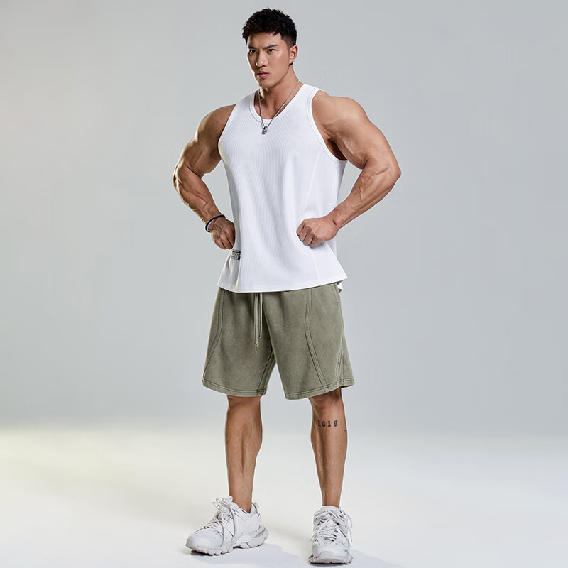 MUSCLE DOG肌肉狗 洗水复古运动短裤男夏季做旧宽松直筒休闲训练五分裤 军绿色 XL