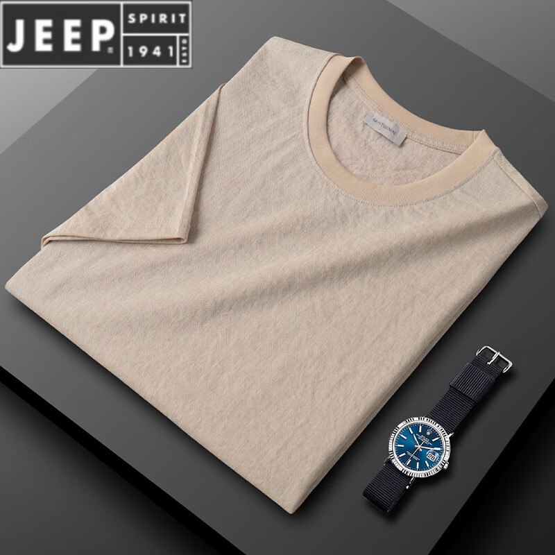 JEEP SPIRIT透氣天絲棉麻短袖t恤男夏季新款半截袖棉t男士麻料體恤衫亞麻 杏色 M 適合115斤以內(nèi)