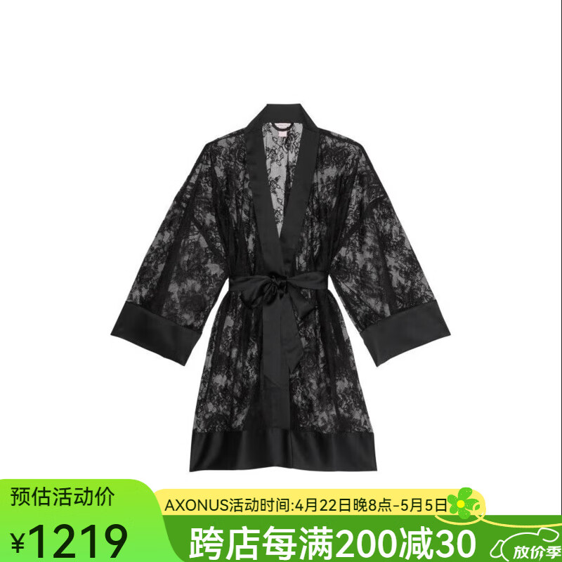 維多利亞的秘密（Victoria’s Secret） 維密玫瑰蕾絲緞邊短袍家居睡袍 性感優(yōu)雅 凸顯曲線 11262773 黑色 M /L