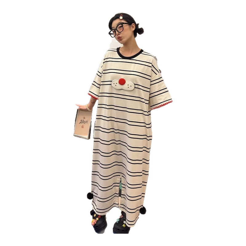 梦鸾韩版可爱短袖酷猫连体睡衣女夏季2025年新款大码家居服睡裙可外穿 0101 条纹 2XL