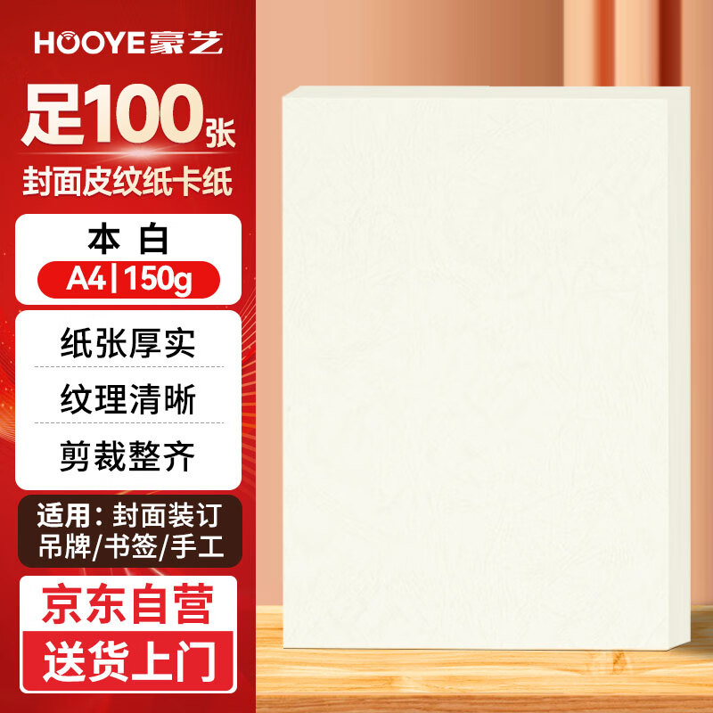 豪艺（HOOYE）A4封面纸 凹凸皮纹纸 压纹纸手工卡纸 云彩纸 彩色硬卡纸 标书封面装订硬厚封皮纸 100张/包 本白