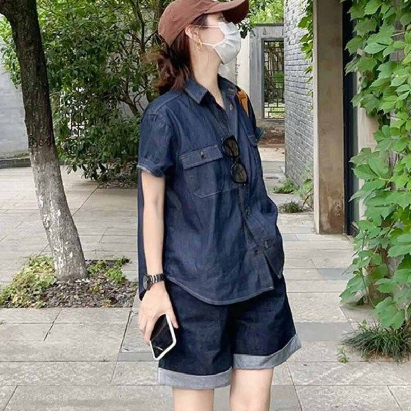 妃莉杋(FeiLiFan)夏季休闲女装套装2026新款韩版宽松显瘦短袖衬衫牛仔短裤女一整套 衬衫+短裤 M