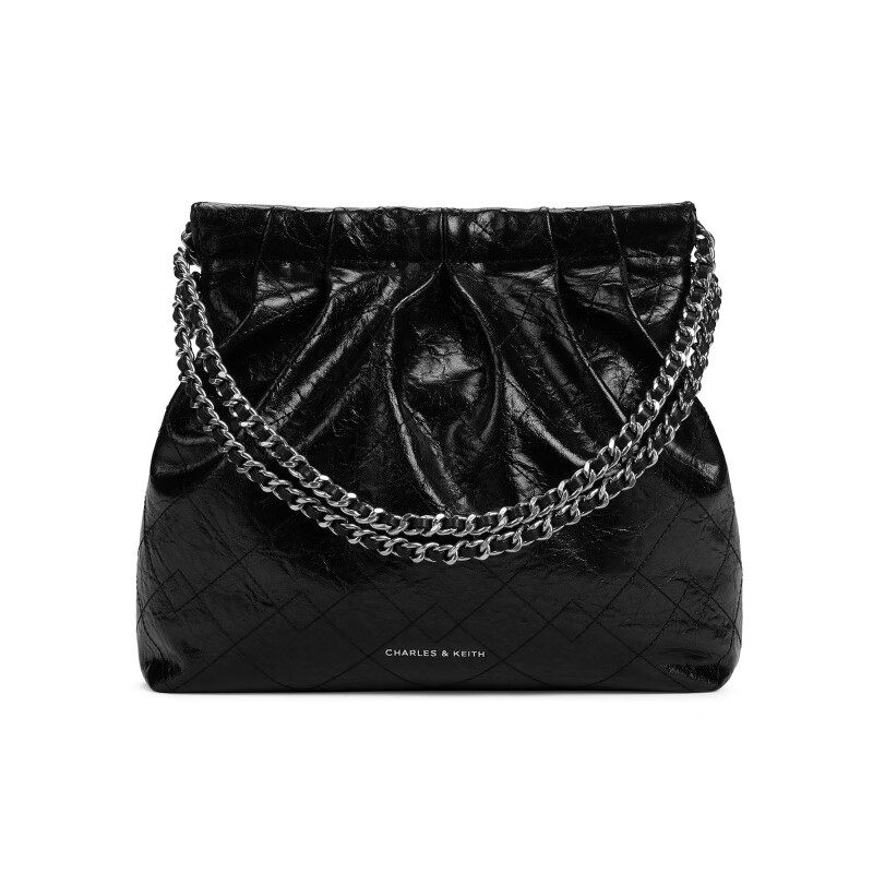 CHARLES&KEITH小ck 秋季 鏈條百搭款革 腋下包流浪托特包Tote包購物袋斜挎單肩 Noir黑色