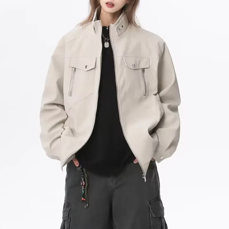 举风美式复古pu皮夹克男款春季短款立领机车服cleanfit哈灵顿工装外套 米色 L