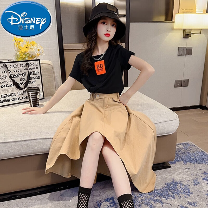 迪士尼（Disney）女童半身裙套裝2025新款連衣裙夏裝洋氣時髦兒童女裝大童夏季裙子 卡其 170 cm