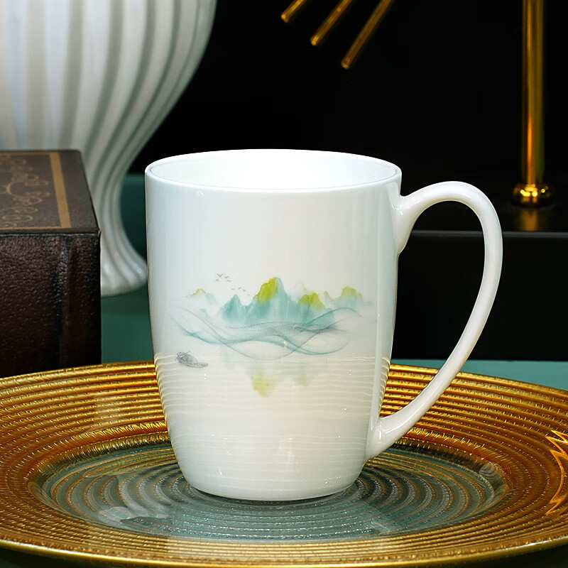 紅牡丹景德鎮(zhèn)馬克杯辦公室骨瓷茶杯實用水杯釉下彩杯子帶把手主人瓷杯 隱逸青山馬克杯1個裝