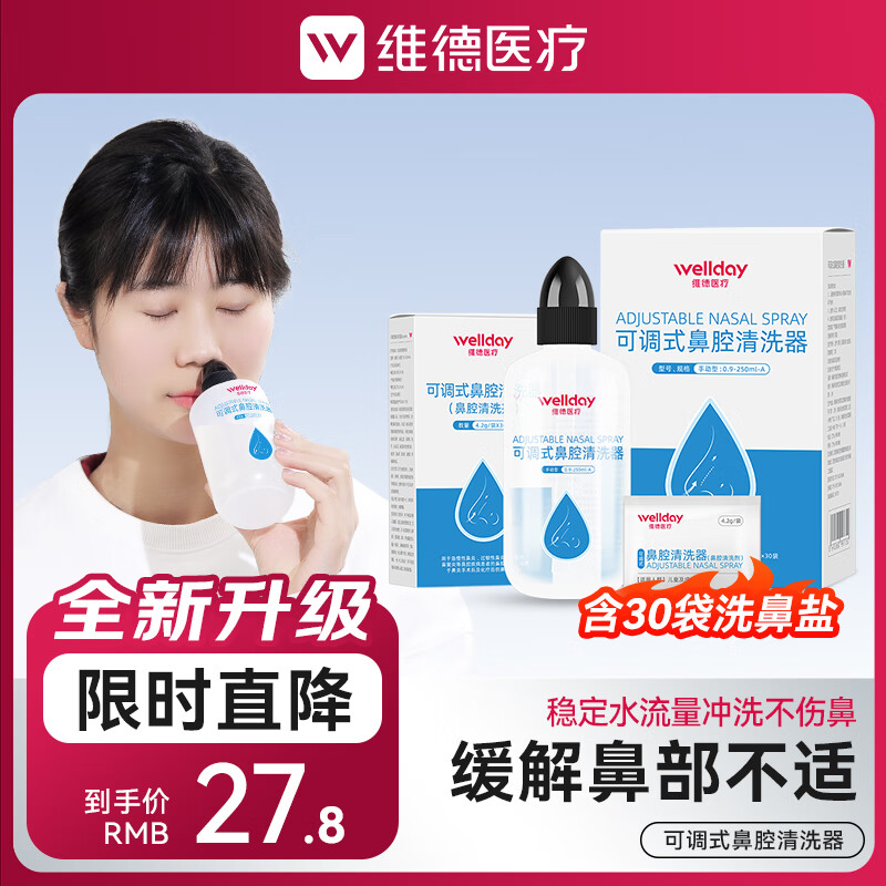 維德（WELLDAY）洗鼻器兒童成人生理鹽水手動洗鼻腔清洗器鼻炎噴劑非電動洗鼻器壺 【新升級】可調(diào)式鼻腔清洗器250ml