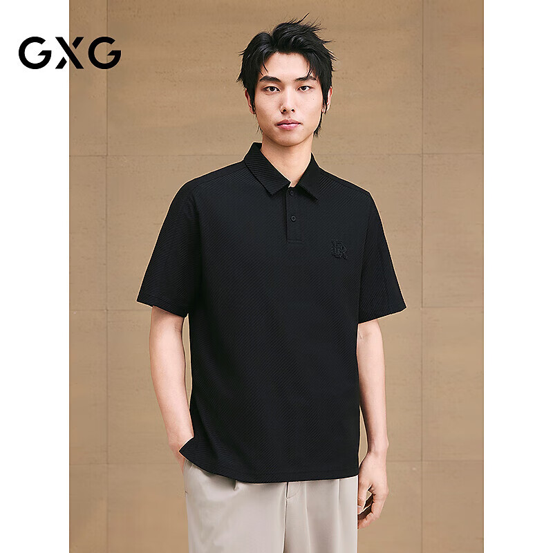 GXG男装粗斜纹肌理polo衫绣花休闲翻领 黑色 185/XXL