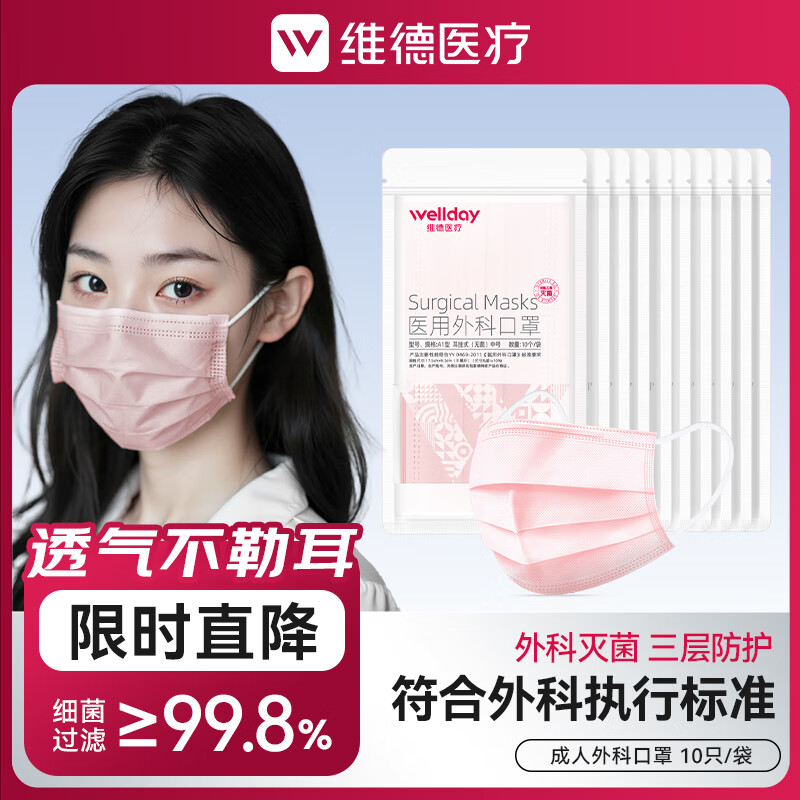 维德（WELLDAY）一次性医用外科口罩灭菌级过敏季防护口罩三层防花粉尘雾霾透气 【粉色外科灭菌口罩】10只/袋 【100只】