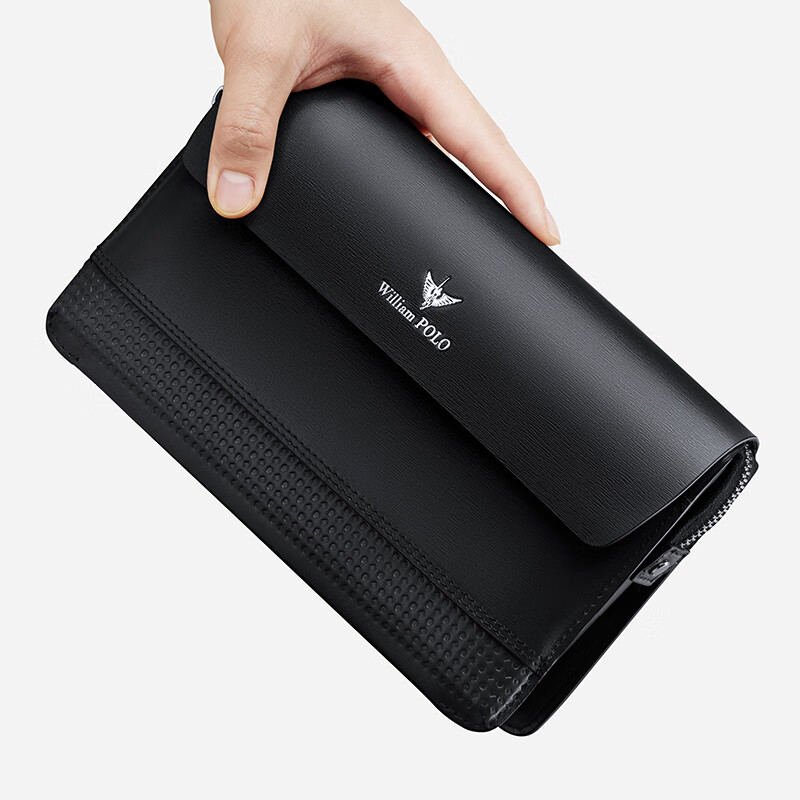 英伦保罗真皮手包男款钱包大容量现金手机护照包男士手拿包商务生日礼物男 黑色平纹