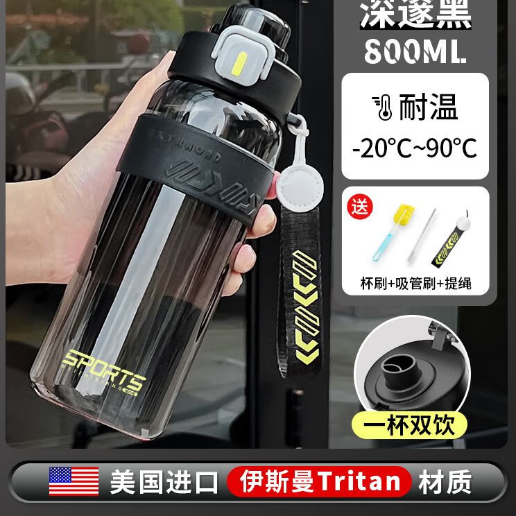 �������˶�ˮ������2024�¿������Я�͸��½�����ѧ�����������ˮ���� ����Tritan�����800ML ˫���͸����͹轺��+��ˢ+����ˢ