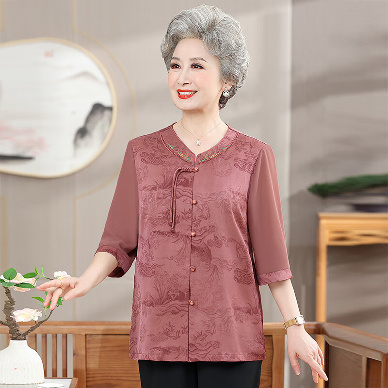孜颜中老年女装衬衫女老年人夏装奶奶装半袖衬衣60-80岁妈妈开衫上衣 皮粉 XL 【建议80-100斤】
