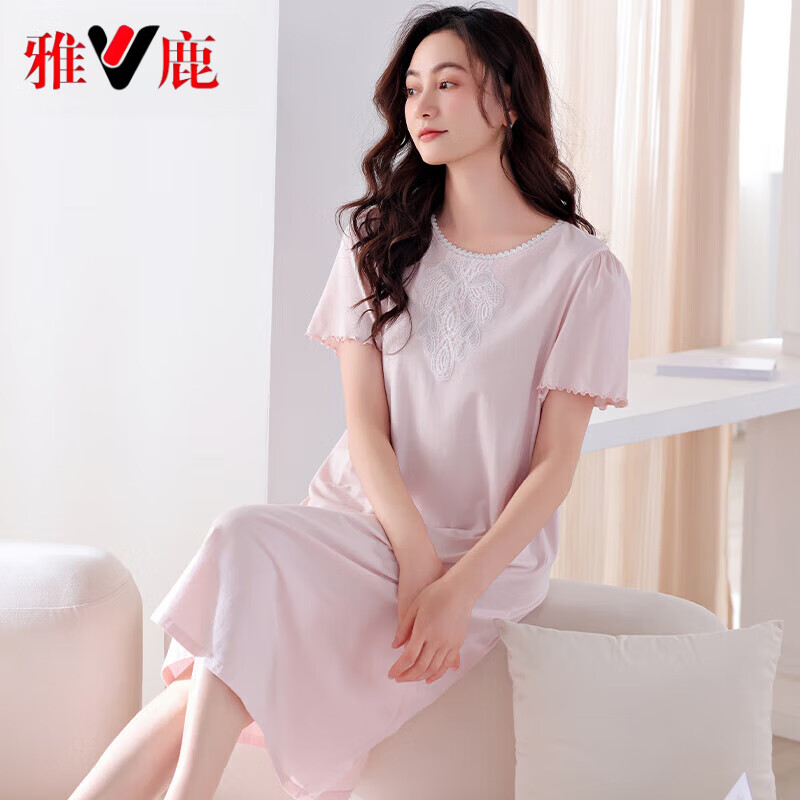 雅鹿涼感睡衣女士夏季短袖莫代爾睡裙寬松大碼中年媽媽家居服夏天薄款 mq1832丹粉 XL 碼建議120-140斤