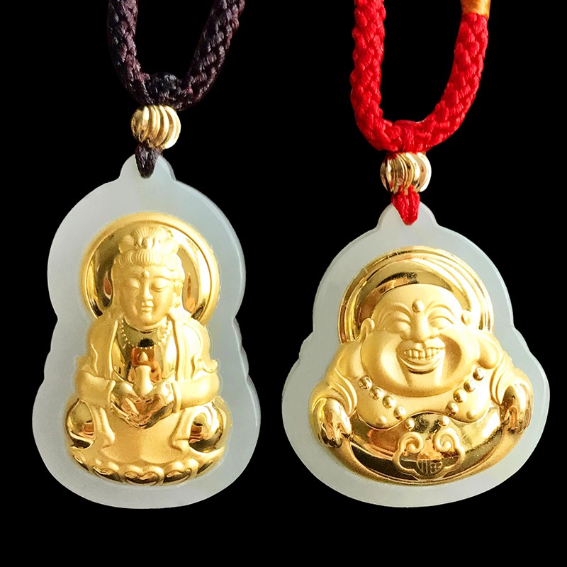 铭闽和田玉金镶玉观音玉佛吊坠金挂件玉器饰品男女情侣款吊坠玉