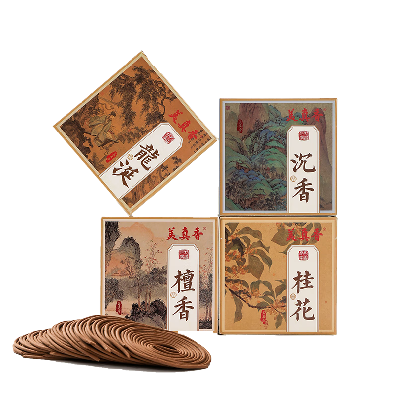美真香 天然檀香沉香龙涎桂花盘香熏香客厅家用室内香薰 4味共80环