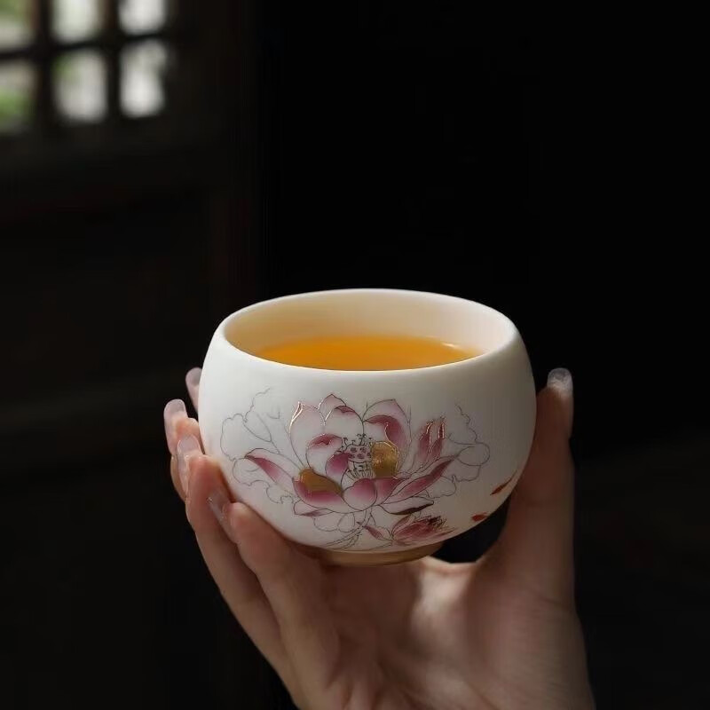 希格鲨羊脂玉瓷素烧主人杯冰种茶杯家用品茗杯茶盏个人专用轻奢功夫茶具 素烧羊脂玉瓷红莲花禅定杯 无规格