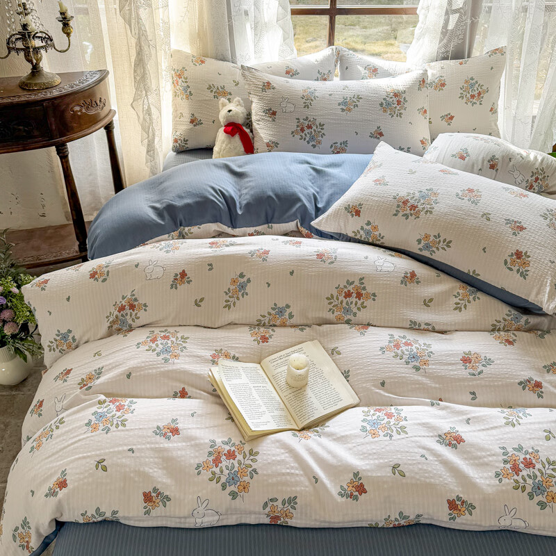 多兰诗（Duolanshi）A类小清新有氧提花四件套亲肤透气宿舍单双人春夏四件套 花田梦 1.8米 床单款 被套200*230 四件套