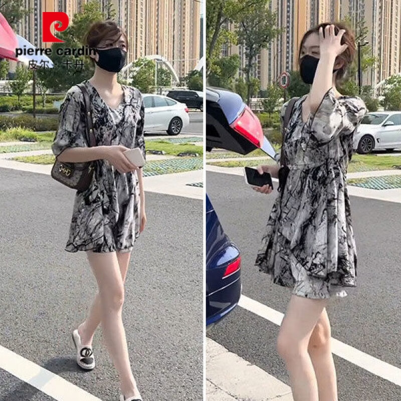 皮尔卡丹(pierre cardin)夏季雪纺套装宽松高腰显瘦洋气时尚连衣裙大码女装胖mm短裤两件套 水墨色套装【连衣裙+裤子】 XL 建议【125-140斤】