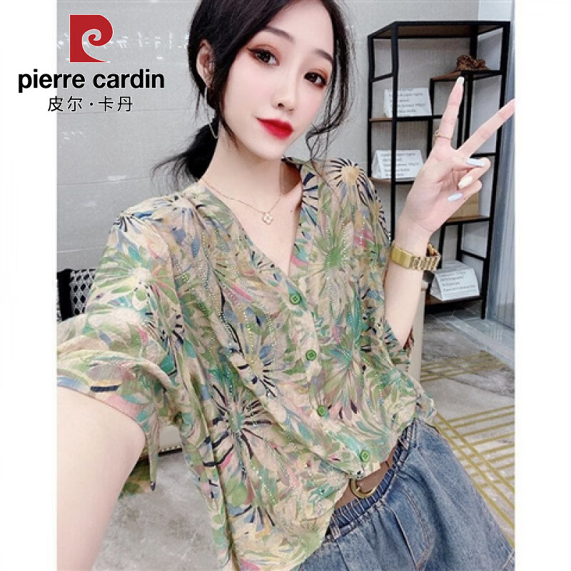 皮爾卡丹歐洲站2025新款雪紡衫洋氣上衣夏季碎花襯衣女短袖外穿雪紡襯衫女 綠色【高品質(zhì)】 4XL 【160-180斤】