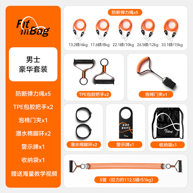 FITINBAG天然乳膠拉力器運(yùn)動減肥拉力繩家用健身彈力帶練胸肌背肌訓(xùn)練器材 男士豪華套裝熒光橙 買單根需買把手搭配