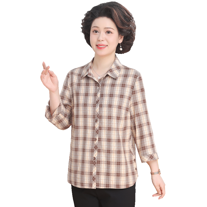 歐芮嘉中老年女夏裝休閑印花襯衫新款媽媽裝經(jīng)典格子襯衣寬松上衣