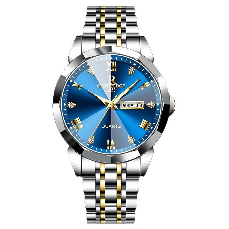 瑞之缘（ONTHEEDGE）商务防水双日历腕表男夜光石英表手表学生轻奢时尚女表情侣表礼物 090金白钢