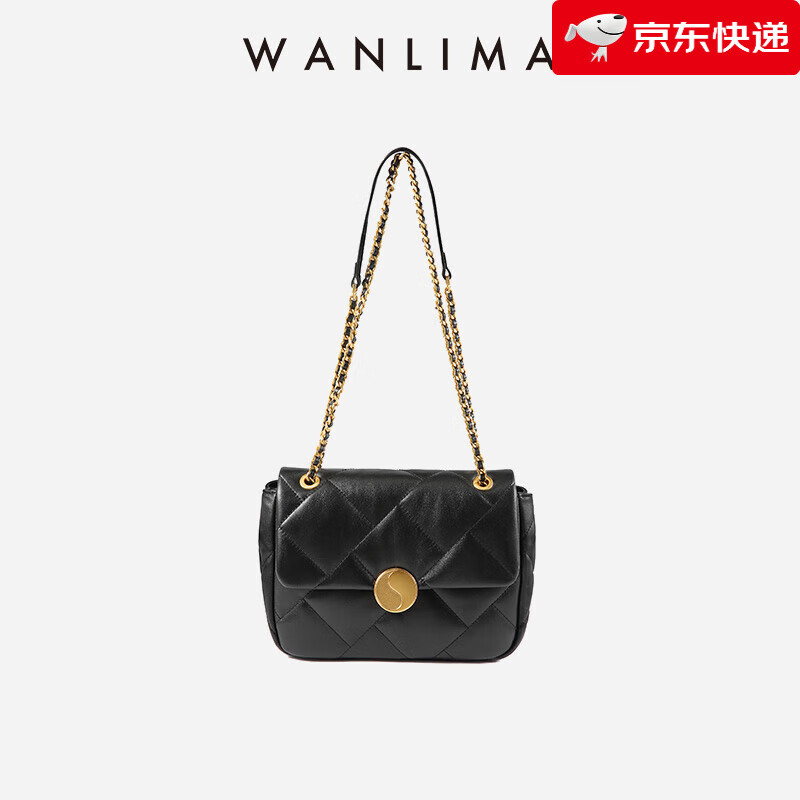 萬里馬（wanlima）太極系列新款單肩斜挎羊皮鏈條包通勤小方包時尚羊皮女包 黑色