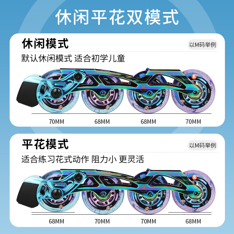 米高轮滑鞋儿童溜冰鞋直排轮休闲平花可调尺码透气培训用鞋OCD 亮蓝 L