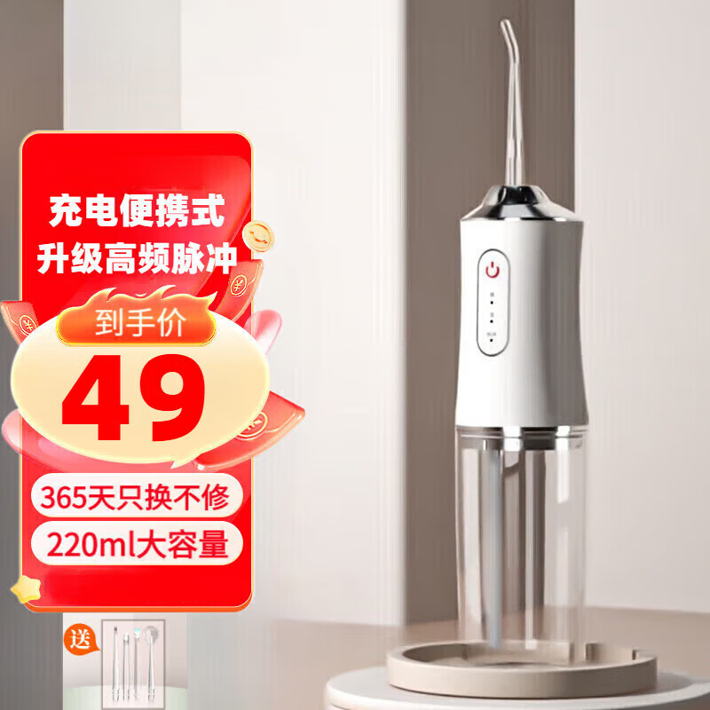 科仕顿KESHIDUN冲牙器便携式家用电动洗牙器口腔清洁水牙线冲洗牙齿清洁器除牙垢专用手持脉冲洁牙器 升级充电款瓷白+4喷嘴丨强动力丨全身防水220ml