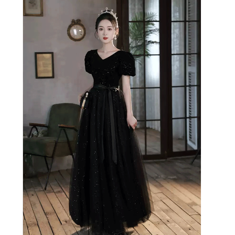 麥斯貝思黑色晚禮服輕奢高端大合唱團(tuán)演出服女長(zhǎng)裙藝考鋼琴成人表演服 黑色 XS