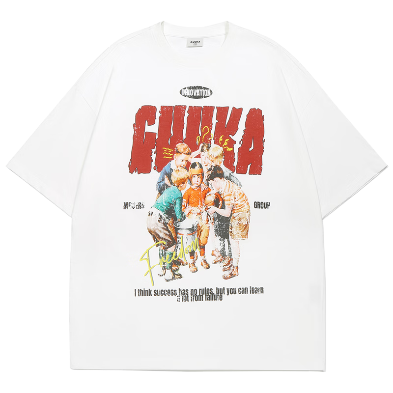 古由卡（GUUKA）美式嘻哈短袖潮流T恤男士重磅純棉夏季白色休閑上衣半袖字母印花 白色 XL