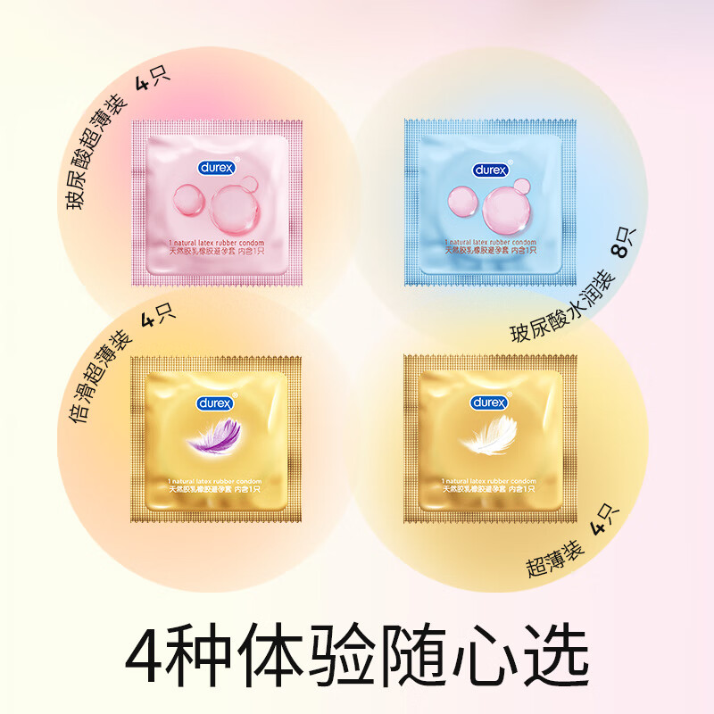 杜蕾斯(durex)水润超薄四合一避孕套隐形玻尿酸情趣001003安全套套男女计生用品 四种快感【20只】水润超薄四合一20