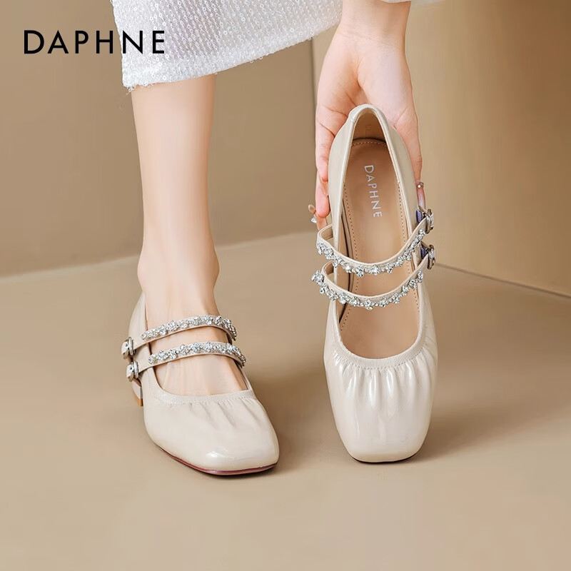 达芙妮银色单鞋女新品2026春夏爆款软底芭蕾舞鞋法式浅口玛丽珍女鞋ZJ 米白色双带【4cm粗跟】 37