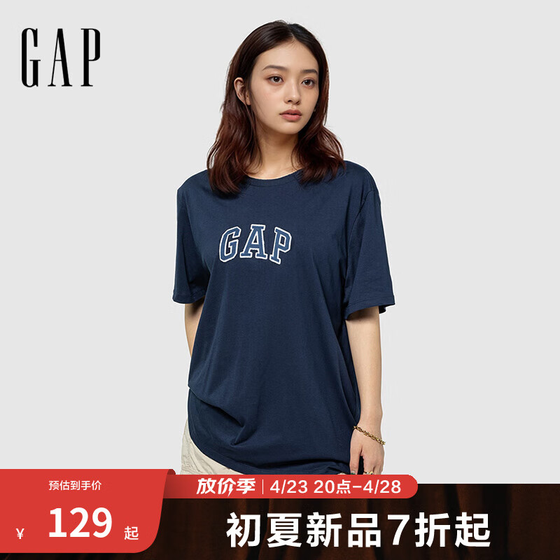 Gap男女装2025春季新款纯棉字母logo短袖T恤多色上衣美版570044 海军蓝 M 美码 L亚洲码180/96A