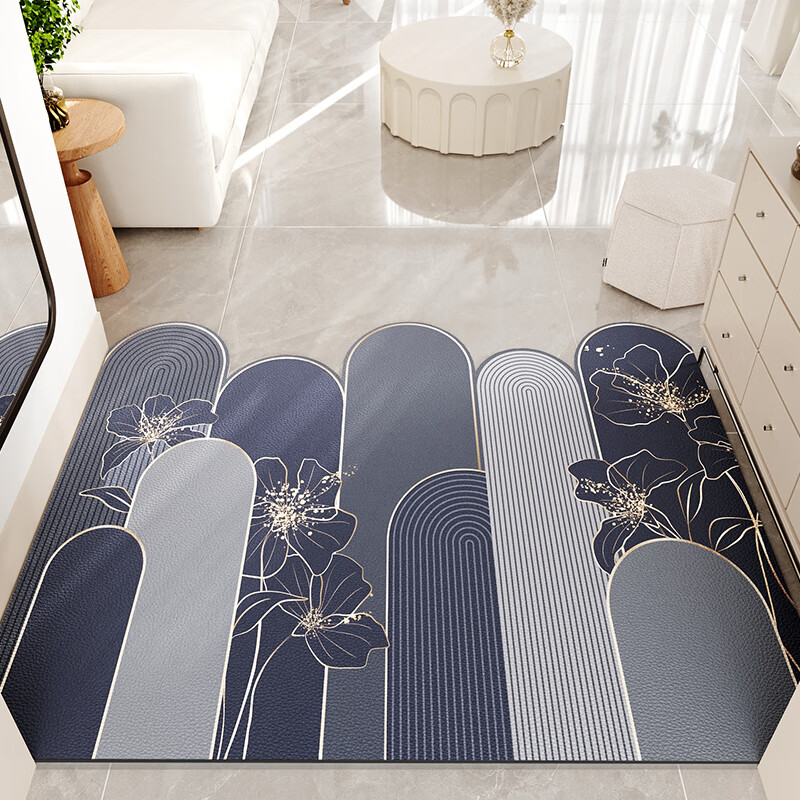 尚美巢品高端地垫入户门垫免洗可擦pvc皮革进门脚垫轻奢玄关门口防滑地毯 齐雾-云溪-蓝色 80*120cm