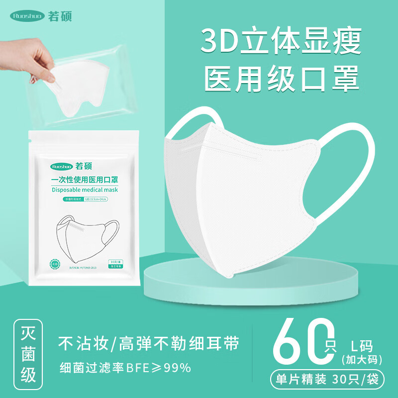 若硕夏季薄款3d立体一次性医用外科口罩医疗黑白高颜值潮款单独立包装 大号L码[白色60只]/医用级/灭菌/独立包装
