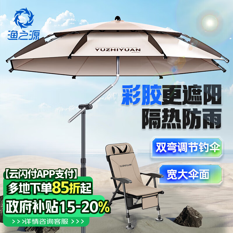 漁之源釣魚傘遮陽(yáng)沙灘露營(yíng)防雨傘拐杖戶外加大彩膠鉤魚12棱 2.6米卡其