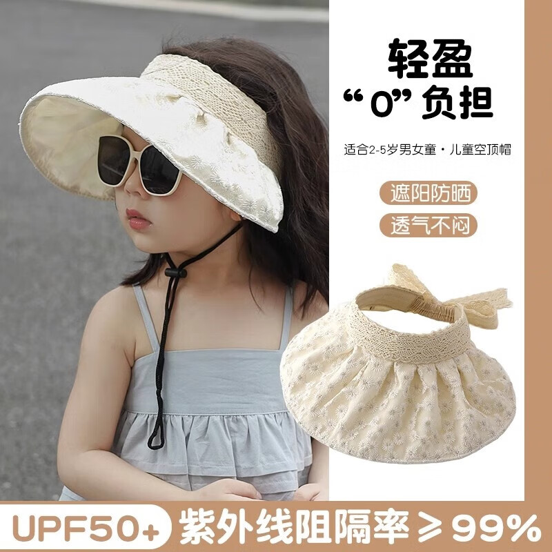 SOMUBAY儿童防晒帽女童夏季防紫外线遮阳帽女孩空顶帽宝宝帽子淑女贝壳帽 白色 2-8岁(48-52cm)