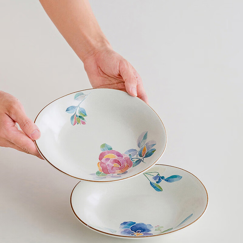 Nature Living日本和蓝古伊万里花浪漫饭碗陶瓷盘子大深菜盘家用餐具礼盒套装 花语多用盘 22.5cm 3个