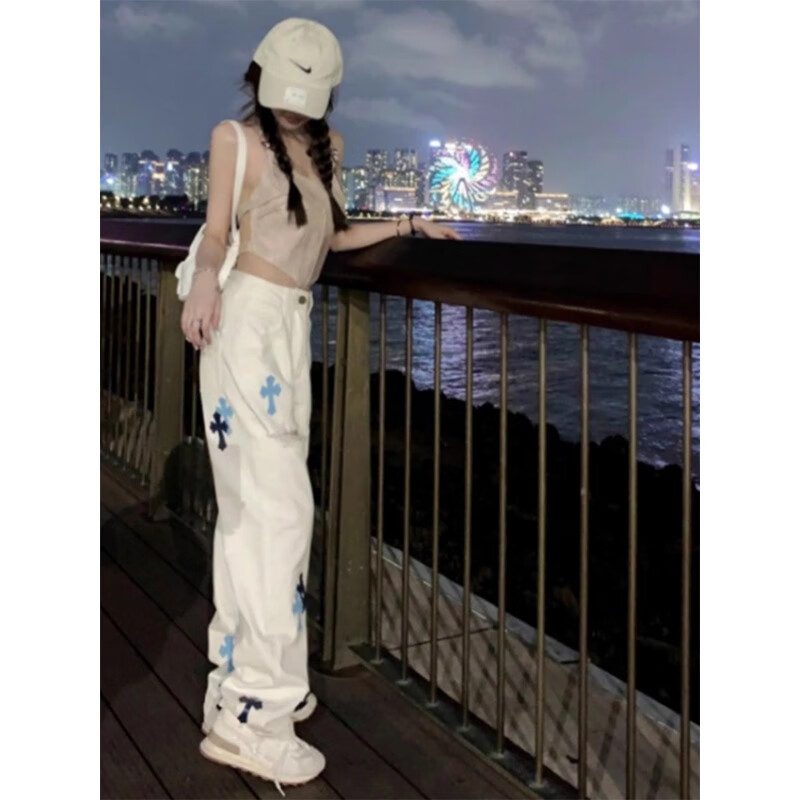 POUM白色破洞直筒轻奢牛仔裤男秋季新款十字皮标宽松显瘦阔腿裤子男 CHFS-C991白色 破洞款 L 115-130斤