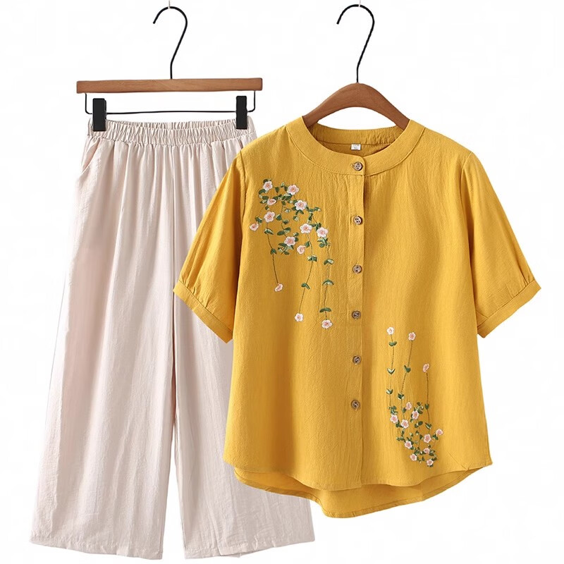 俞兆林(YUZHAOLIN)母亲节妈妈夏装套装新款洋气衣服中老年女装奶奶装短袖T恤衫两件 黄色套装 3XL (建议120-135斤)
