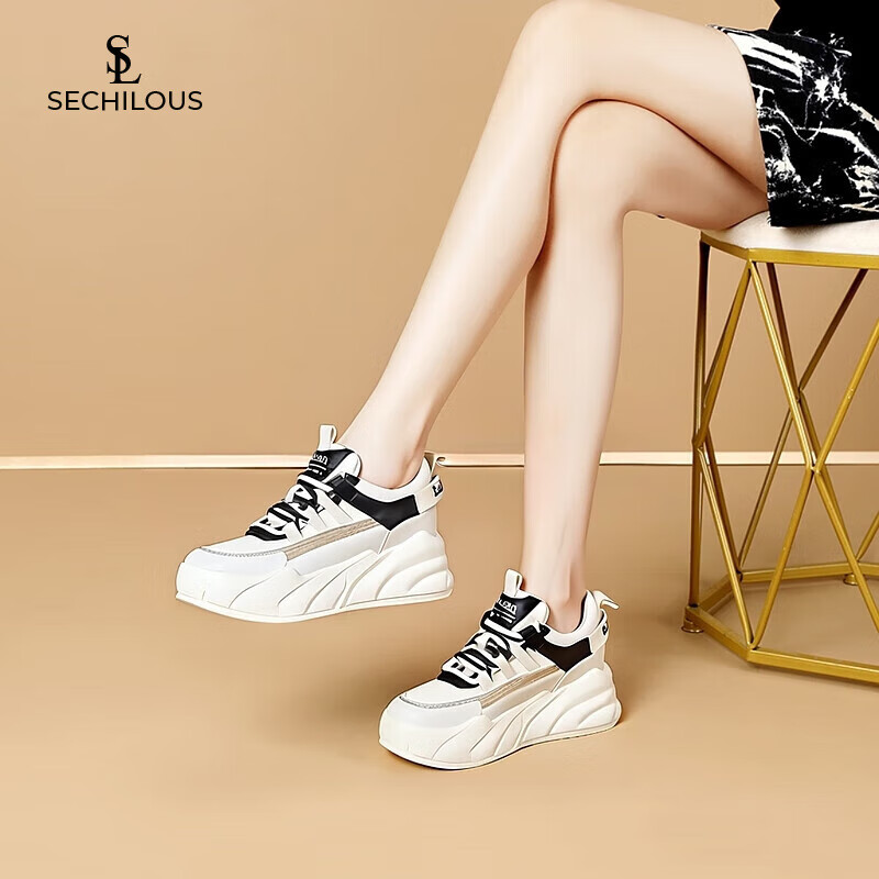奢馳路易（SECHILOUIS）品牌水鉆小白鞋女小個子2025年春夏新款厚底百搭透氣內(nèi)增高休閑鞋 米黑 37
