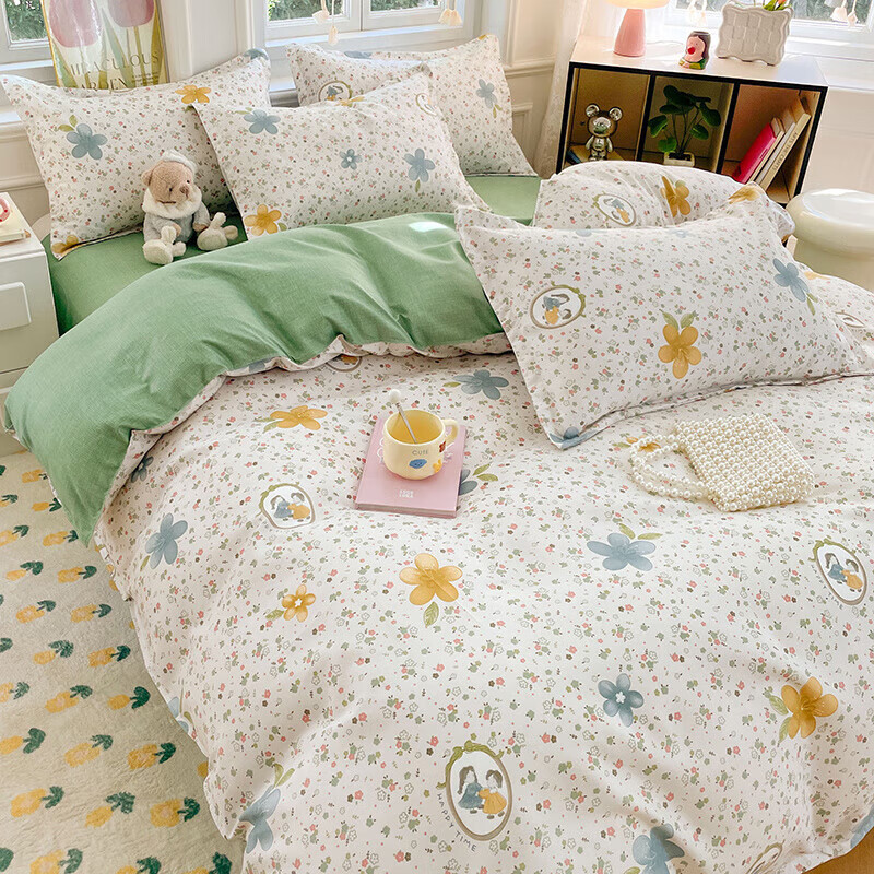软贝小清新四件套 透气亲肤印花卡通简约田园风被套床单款套件 小家碧玉 2.0m床单款四件套被套200*230cm