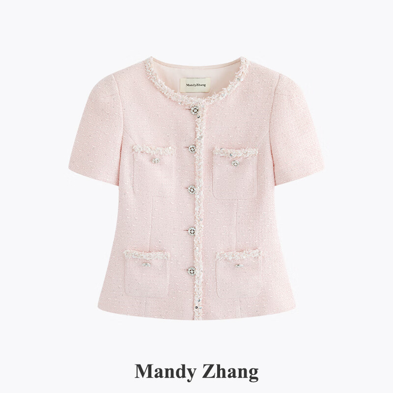 Mandy Zhang名媛千金風(fēng)粉色蝴蝶紗短袖小香風(fēng)馬夾女高級(jí)感氣質(zhì)上衣 櫻花粉 M