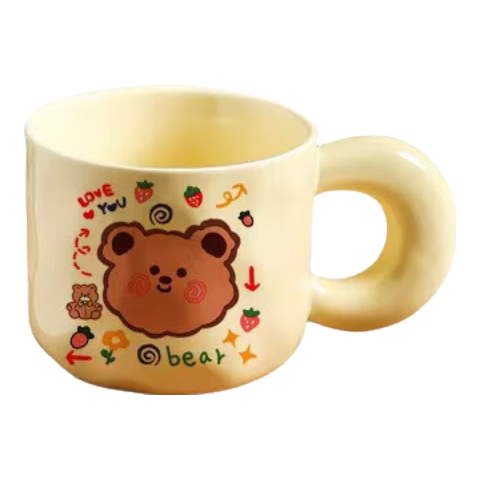 ins奶黃色小熊馬克杯家用高顏值水杯可愛咖啡杯帶蓋開學(xué)禮物杯子 小熊陶瓷杯 400ml